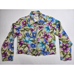 Vintage Enchanté Womens Floral Cropped Jacket 55% Linen 45% Cotton Size M